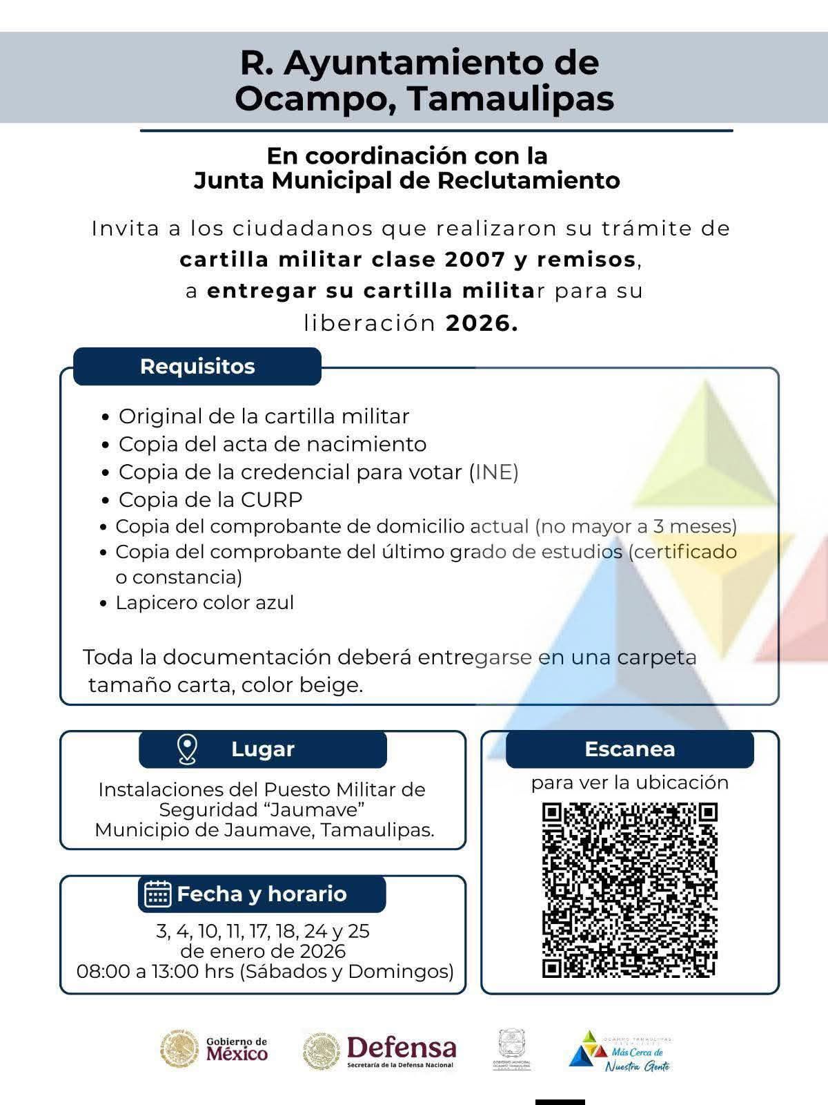 CONVOCAN A JOVENES CLASE 2007, REMISOS Y ANTICIPADOS, PARA OBTENER SU CARTILLA MILITAR EN OCAMPO.
