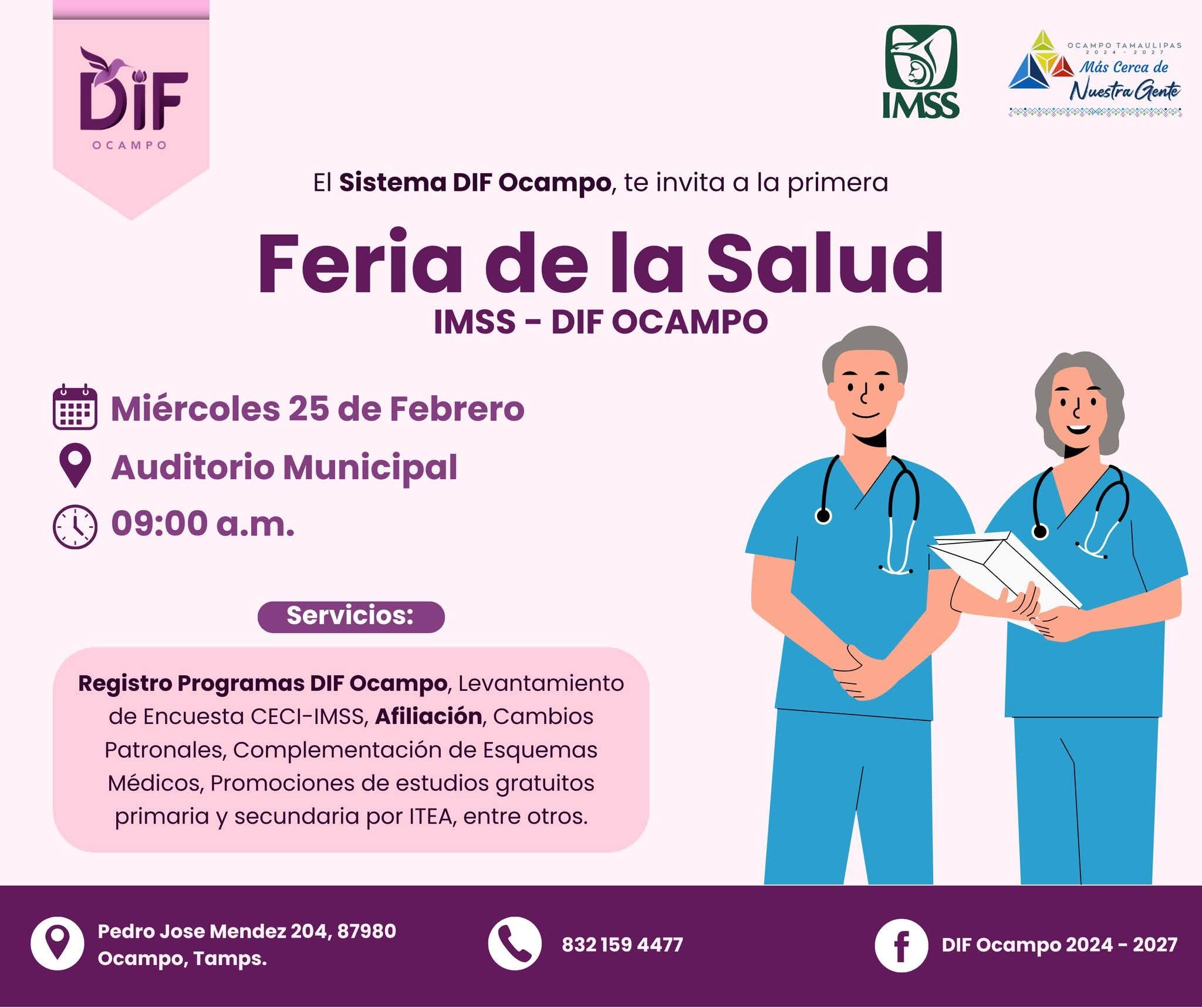 EL MIERCOLES LA PRIMERA GRAN FERIA DE LA SALUD IMSS-DIF OCAMPO.